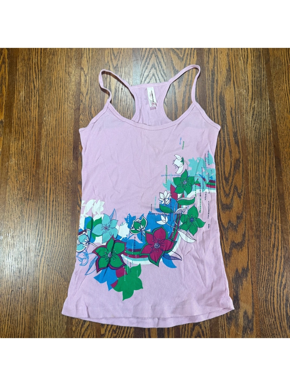 VTG Y2K Xhilaration Ribbed Racerback Tank Top Pink Floral Graphic Print Size M